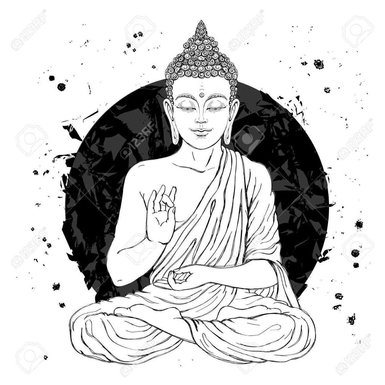 Seated Buddha in the lotus position. Vector illustration on white background with a smear of ink...