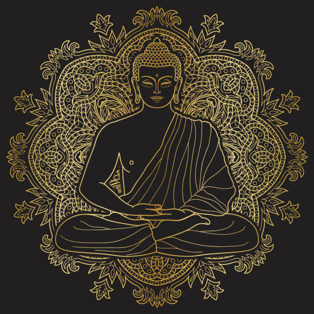 Sitting outline Gold Buddha in Lotus position on mandala round background isolated on black....
