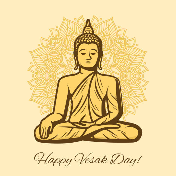 Happy Vesak Day holiday vector. Buddha sitting on lotus flower with decorated petals. Buddhism...