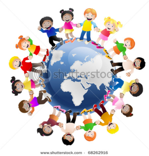 stock photo illustration of cultural children holding hands surrounding the globe symbolizing world unity and 68262916
